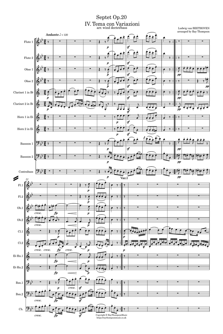 Beethoven: Septet Op.20 IV. Tema con Variazioni - wind dectet/bass Large Ensemble scores gallery preview page 2
