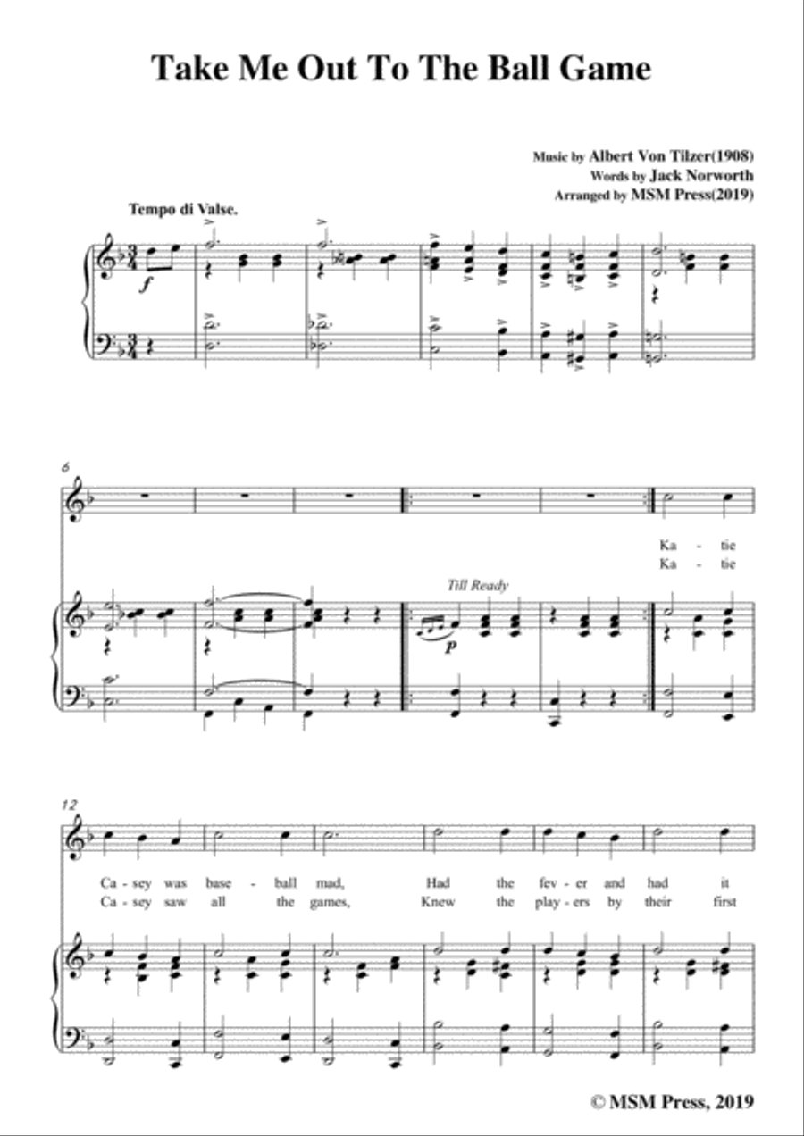 Albert Von Tilzer-Take Me Out To The Ball Game,in F Major,for Voice&Piano Voice scores gallery preview page 3