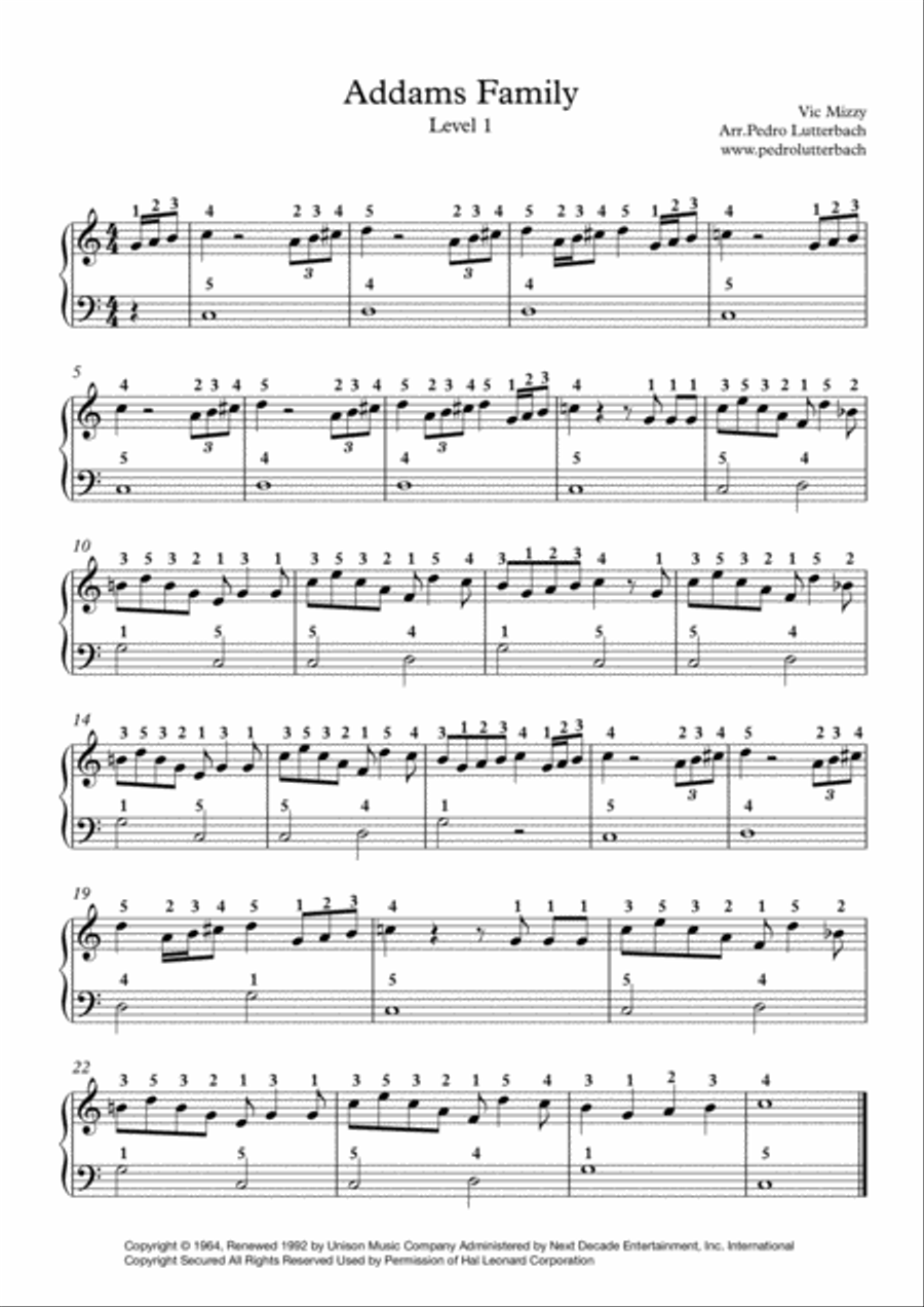 The Addams Family Theme Easy Piano scores gallery preview page 1