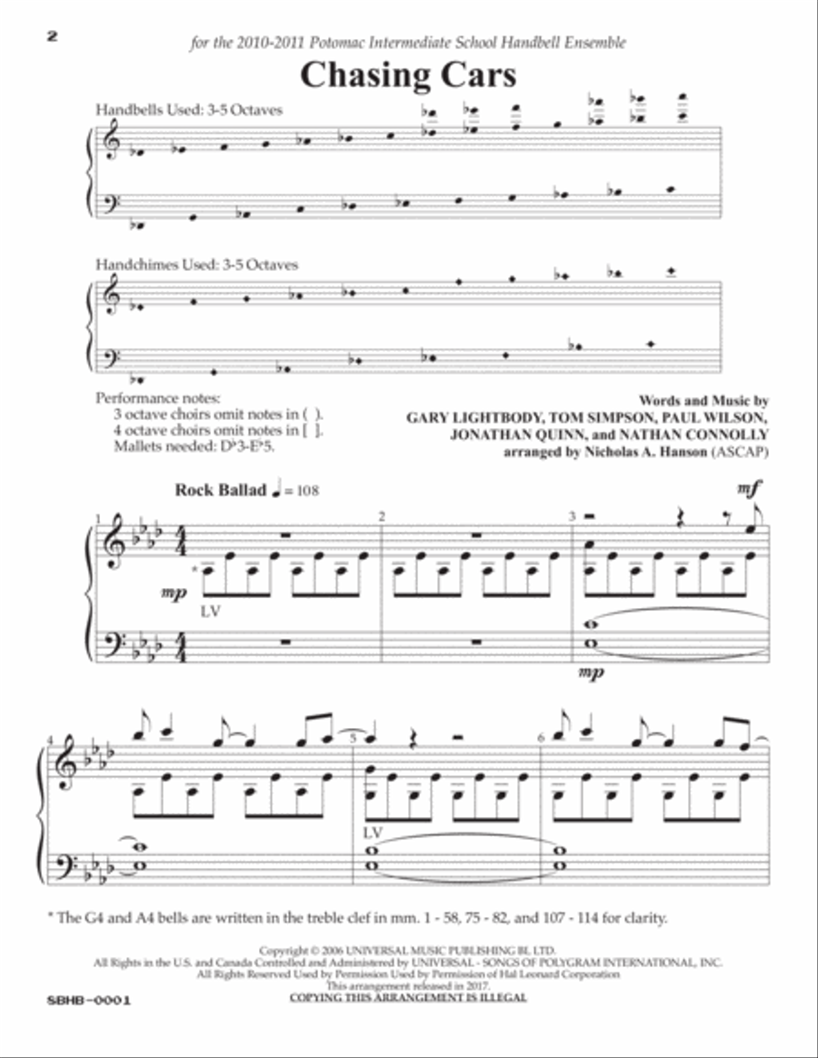 Chasing Cars Handbell Choir scores gallery preview page 2