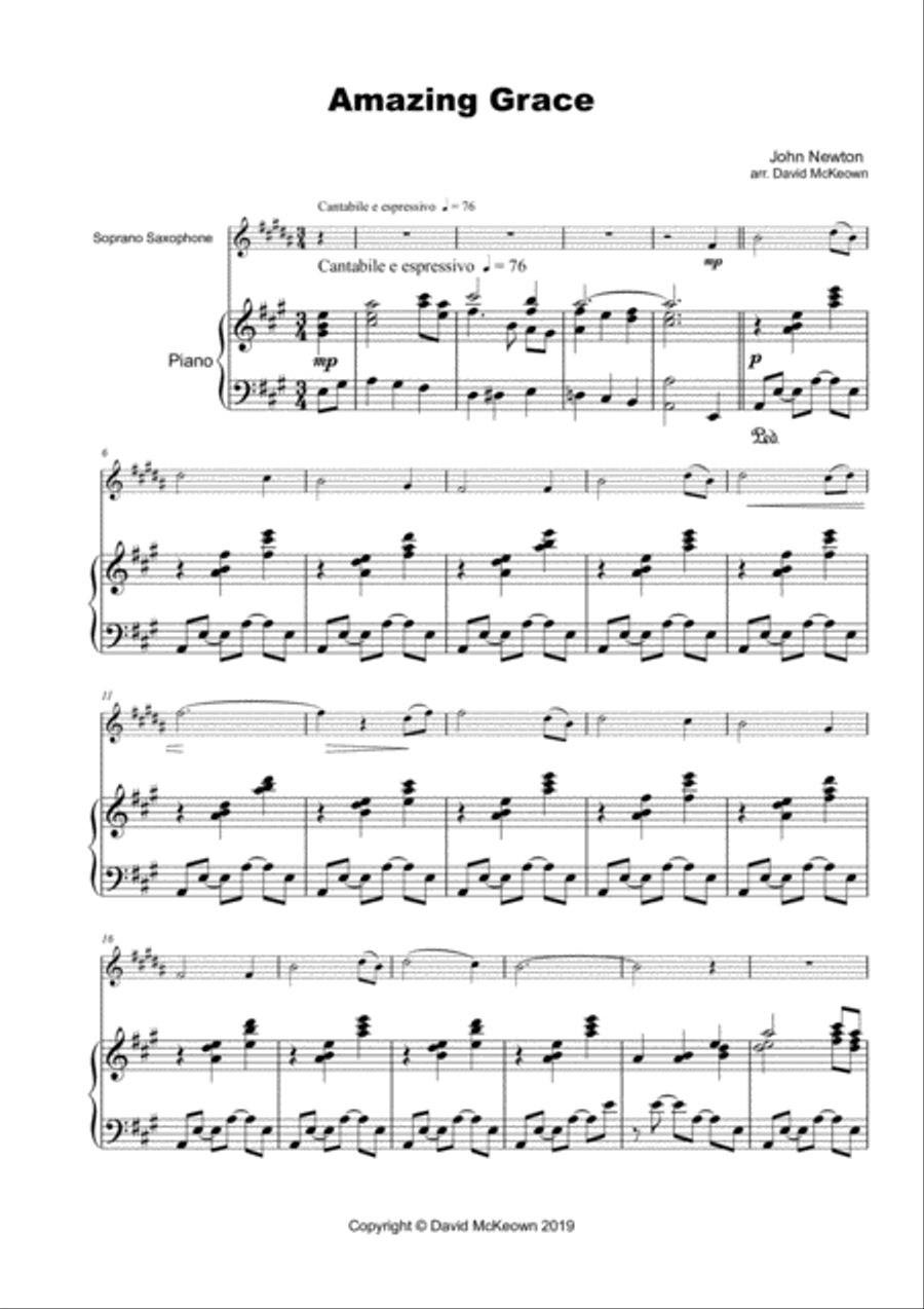 Amazing Grace, Concert Solo for Soprano Saxophone and Piano Soprano Saxophone scores gallery preview page 1