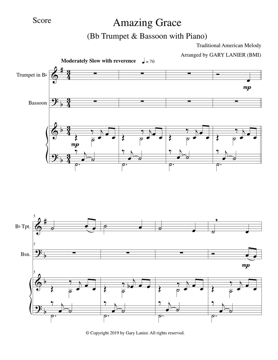 AMAZING GRACE (Bb Trumpet & Bassoon with Piano - Score & Parts included) Bassoon scores gallery preview page 2