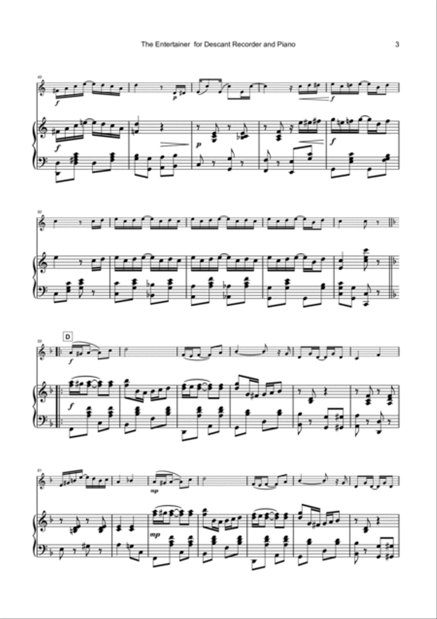 The Entertainer, by Scott Joplin, for Descant Recorder and Piano Soprano Recorder scores gallery preview page 4