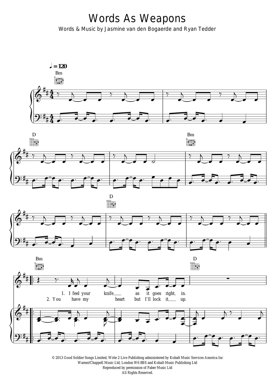 Words As Weapons Words As Weapons Piano, Vocal, Guitar scores gallery preview page 1