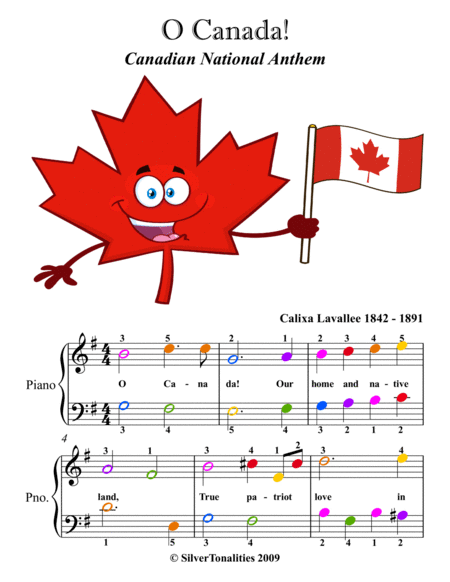 O Canada Easy Piano Sheet Music with Colored Notation