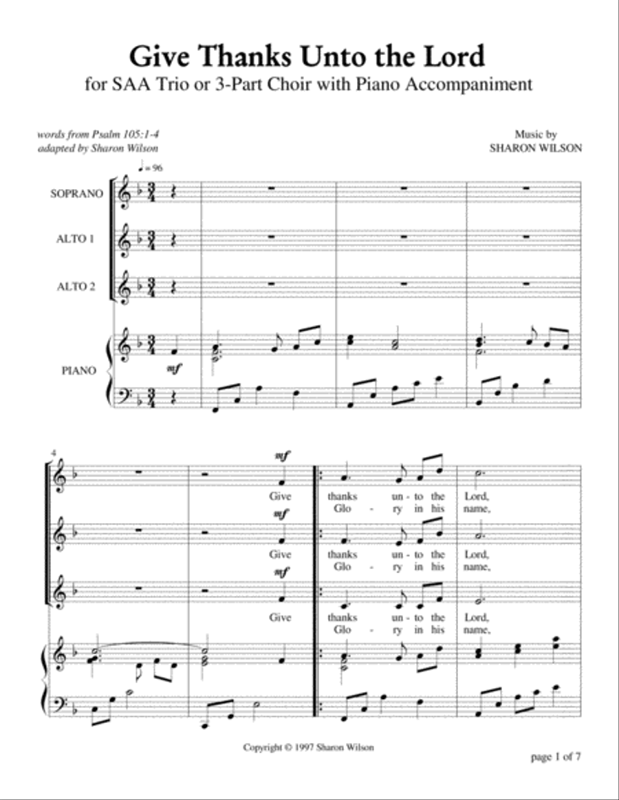Give Thanks Unto the Lord (for SAA Choir with Piano Accompaniment) SSA scores gallery preview page 2