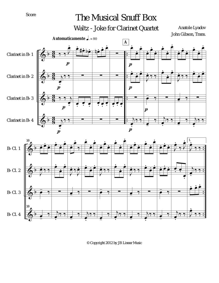 Musical Snuff Box by Lyadov for clarinet quartet Clarinet Quartet scores gallery preview page 1