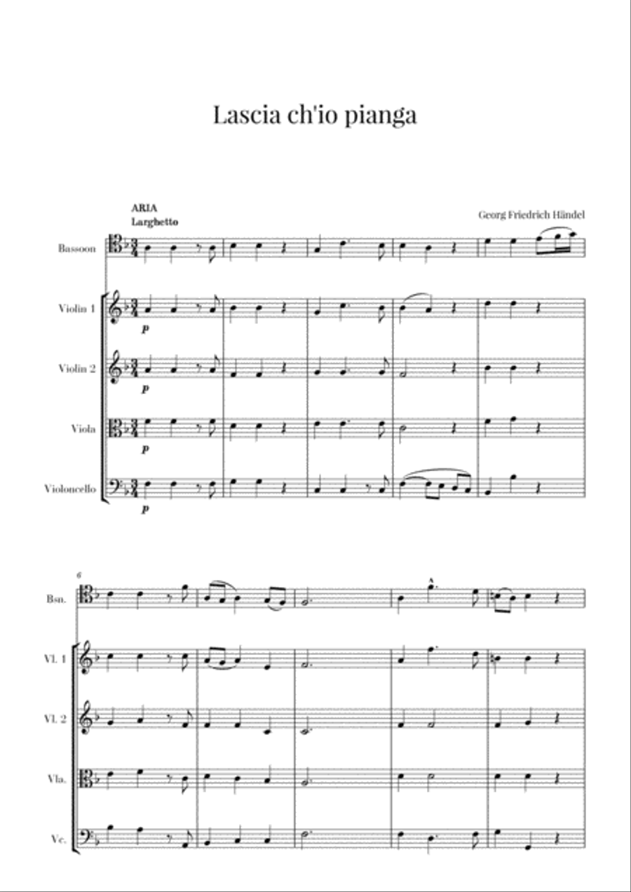 Haendel - Lascia ch’io pianga (for Bassoon and String Quartet) Chamber Orchestra scores gallery preview page 1