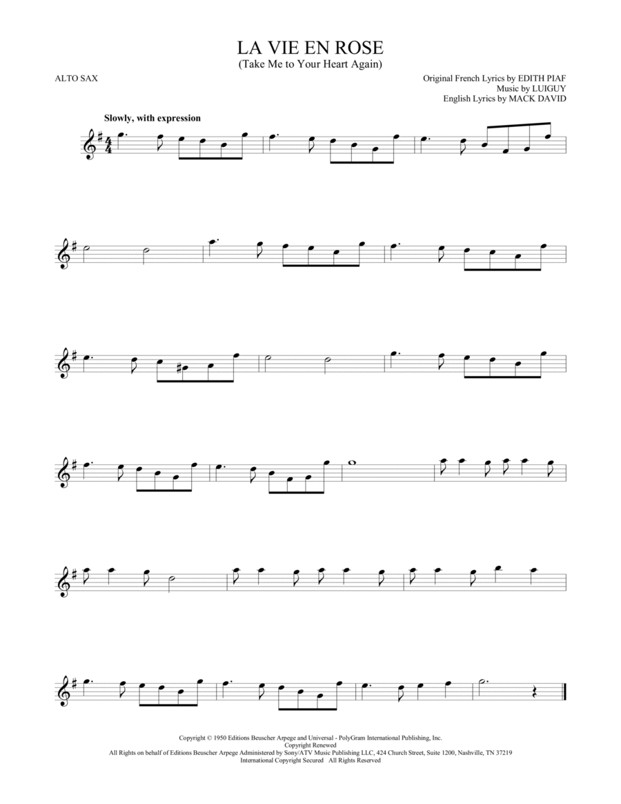 La Vie En Rose (Take Me To Your Heart Again) Alto Saxophone scores gallery preview page 1
