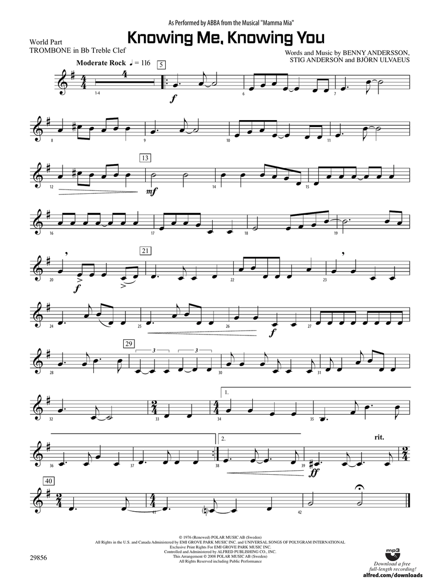Knowing Me, Knowing You (As performed by ABBA from the musical Mamma Mia): (World Part) 1st B-flat Trombone T.C.