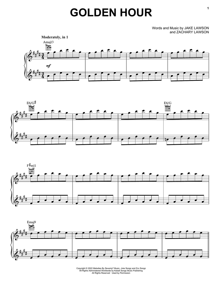 Golden Hour Piano, Vocal, Guitar scores gallery preview page 1