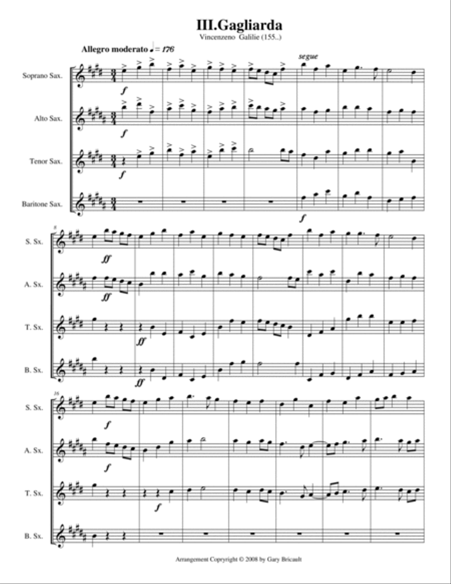 III.Gagliarda from Ancient Aries and Dances, Suite No. 1 Saxophone Quartet scores gallery preview page 1