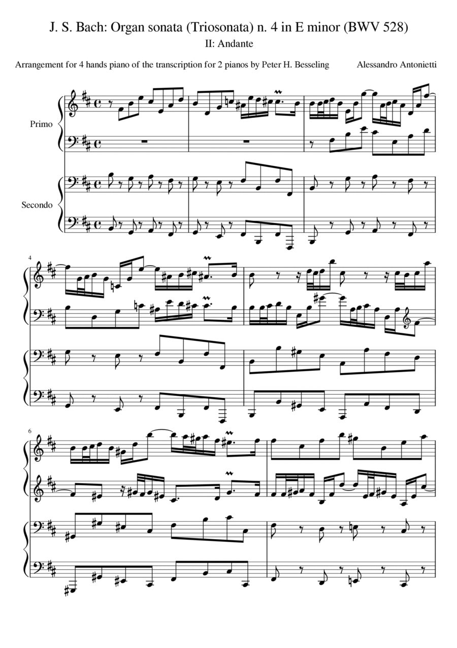 Organ sonata (Triosonata) n. 4 in E minor (BWV 528) - Andante - Arrangement for 4-hands piano image number null