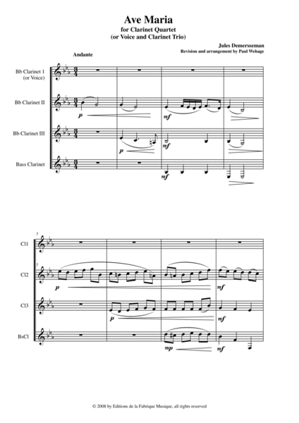 Jules Demersseman : Ave Maria for 3 Bb clarinets and bass clarinet (or medium voice, 2 Bb clarinets