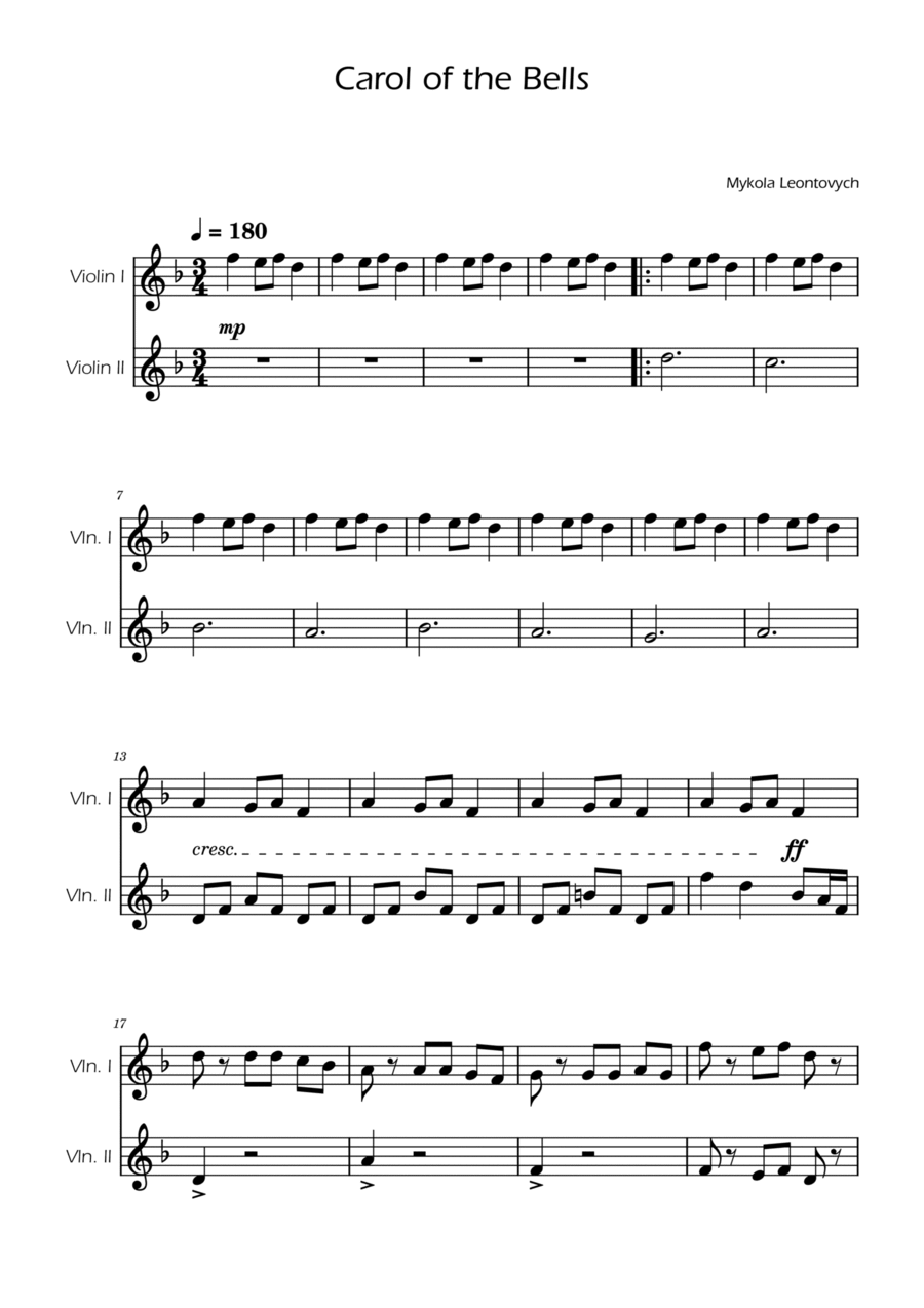 Carol of the Bells - Violin Duet String Duet scores gallery preview page 1