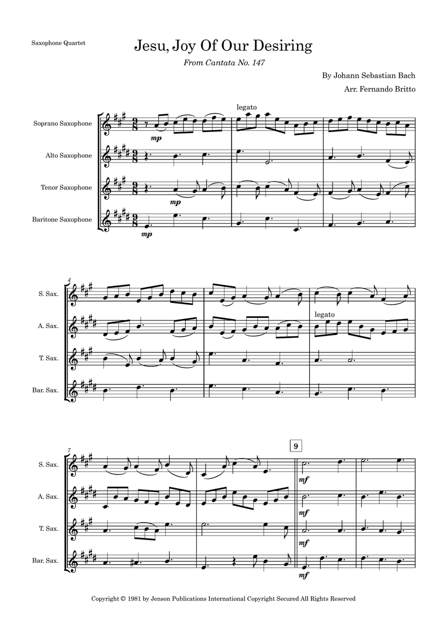 Jesu, Joy of Man's Desiring (J. S. Bach) for Saxophone Quartet