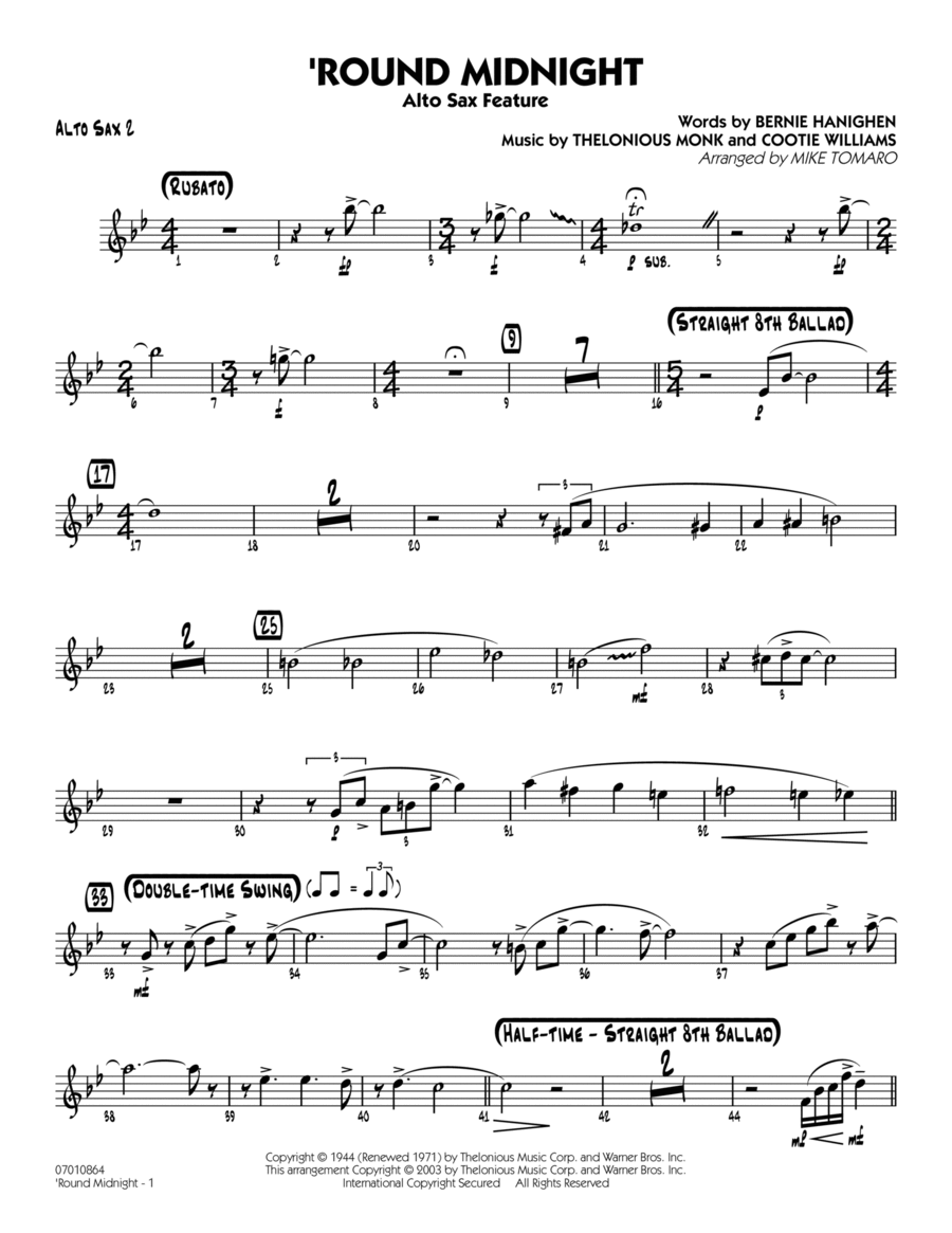 'Round Midnight (arr. Mike Tomaro) - Alto Sax 2 Jazz Ensemble scores gallery preview page 1
