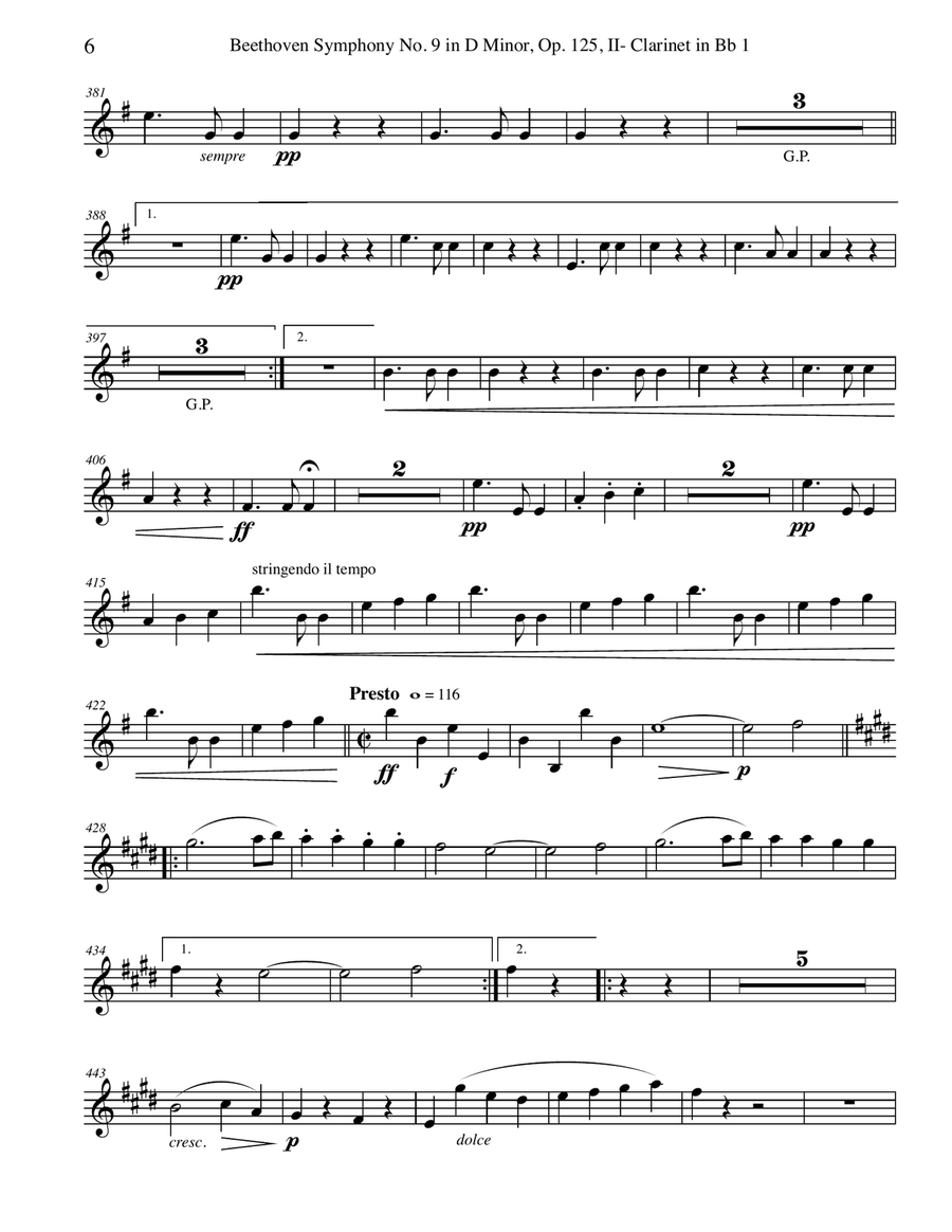 Beethoven Symphony No. 9, Movement II - Clarinet in Bb 1 (Transposed Part), Op. 125 B-Flat Clarinet scores gallery preview page 6