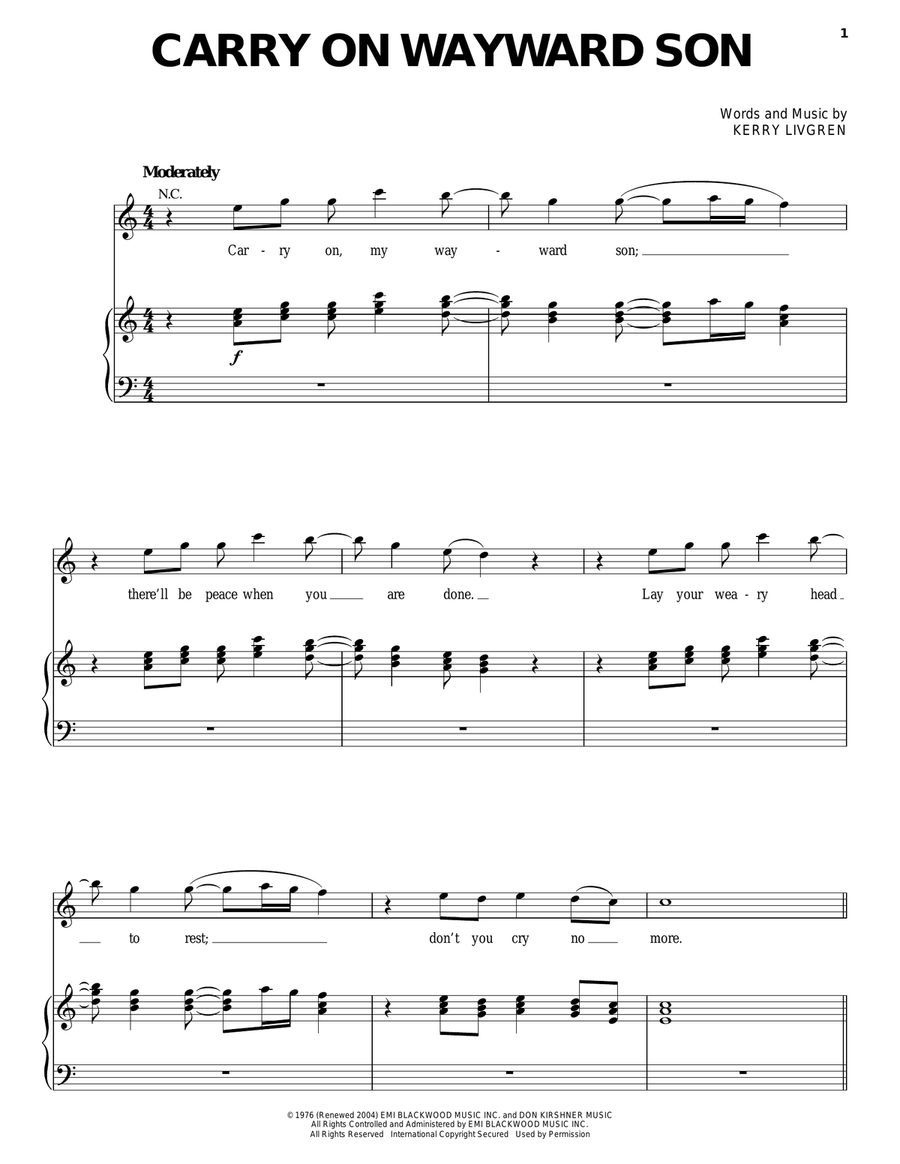Carry On Wayward Son Piano, Vocal, Guitar scores gallery preview page 1