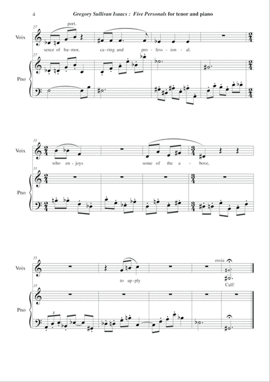 Gregory Sullivan Isaacs: Five Personals for tenor voice and piano Tenor Voice scores gallery preview page 4