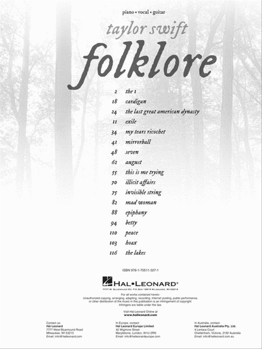 Taylor Swift – Folklore Piano, Vocal, Guitar scores gallery preview page 4