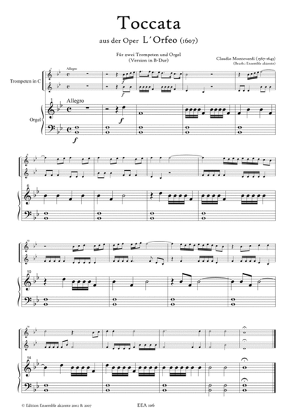 Toccata from "L´Orfeo" Version in Bb, C and D - arrangement for two trumpets and organ/piano