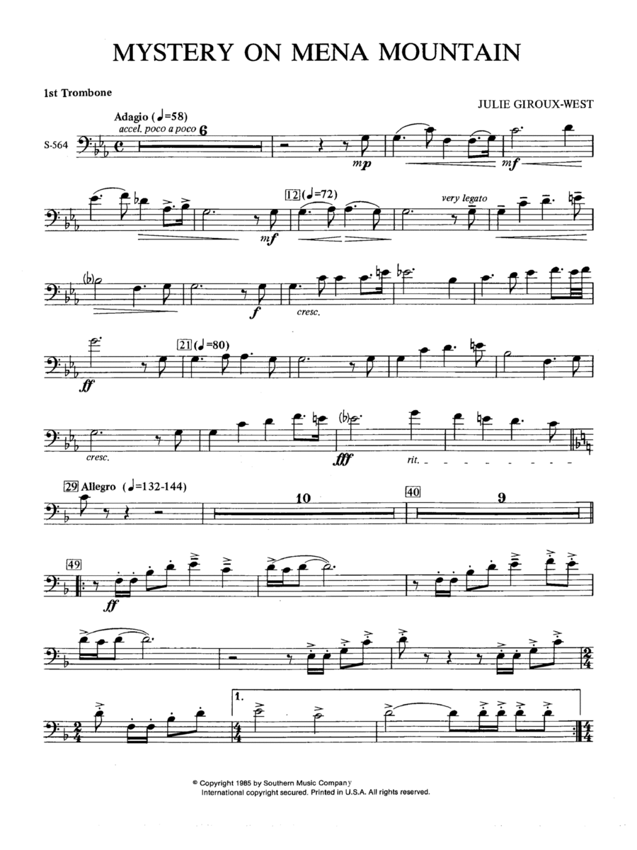 Mystery on Mena Mountain - Trombone 1 Concert Band scores gallery preview page 1