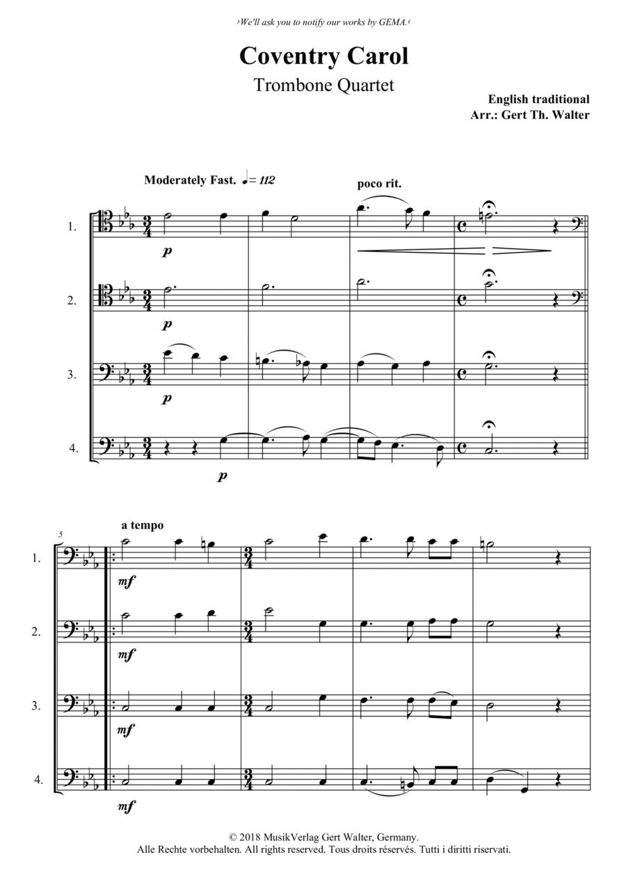 Coventry Carol Trombone Solo scores gallery preview page 1