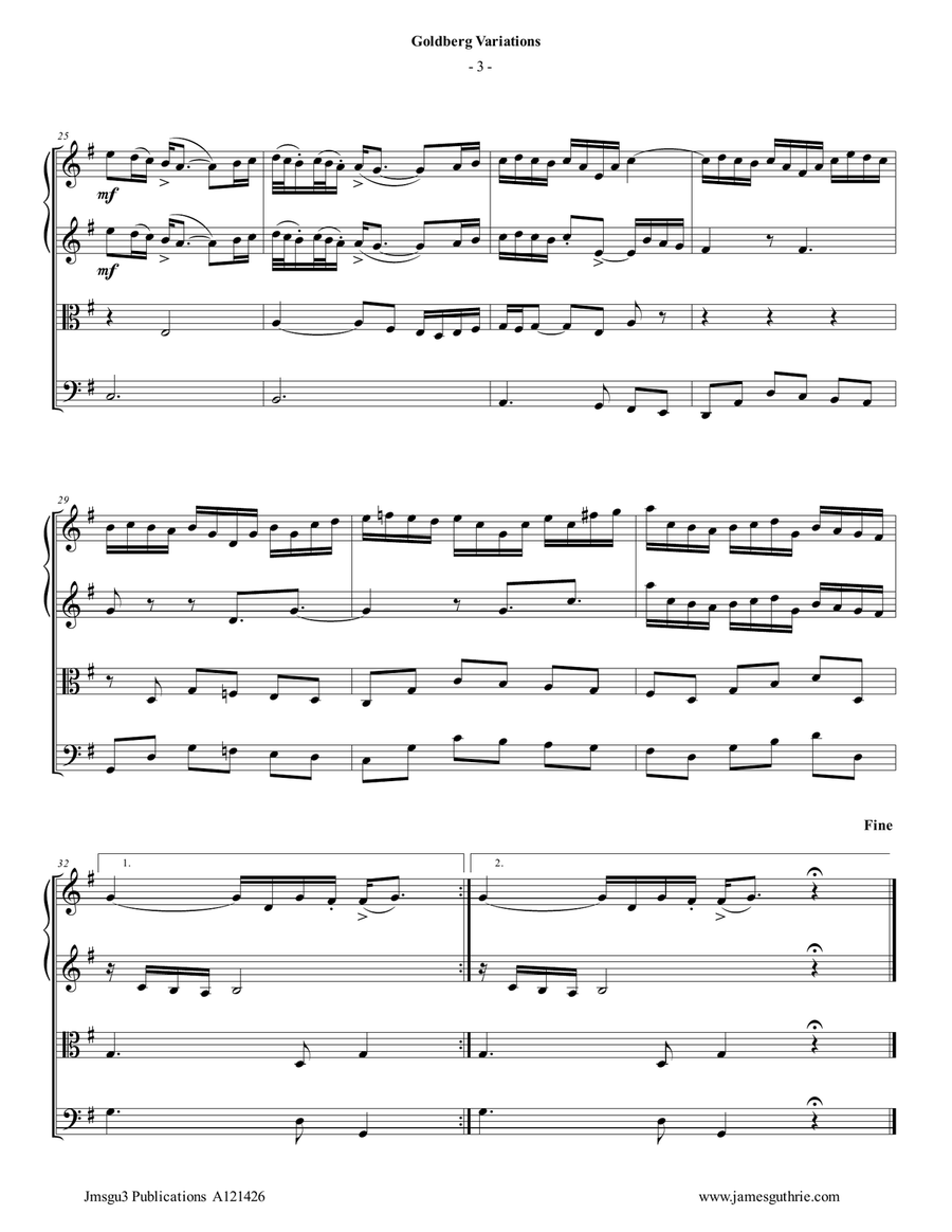 Bach: The Goldberg Variations BWV 988 Complete for String Quartet String Quartet scores gallery preview page 3