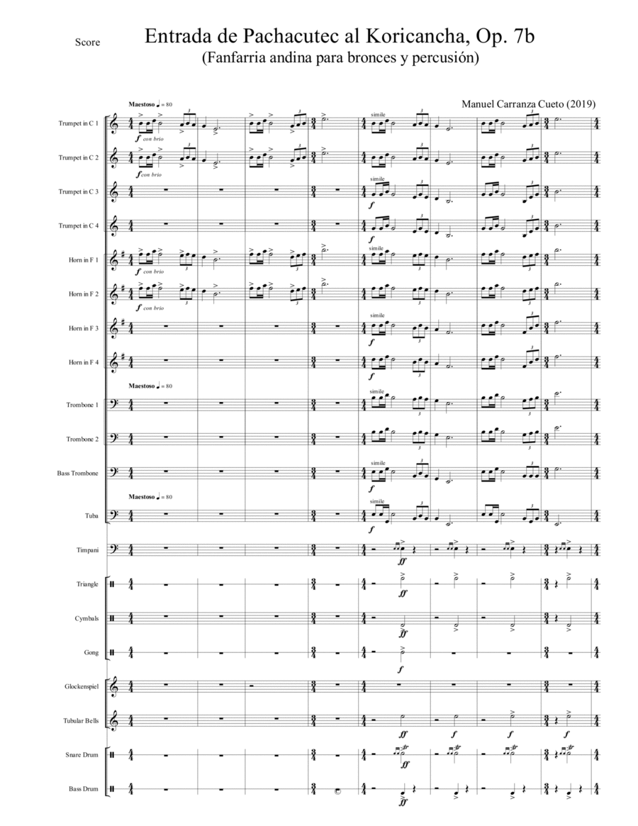 Entrada de Pachacutec al Koricancha, Op. 7b (Fanfarria Andina para bronces y percusión) Large Ensemble scores gallery preview page 1