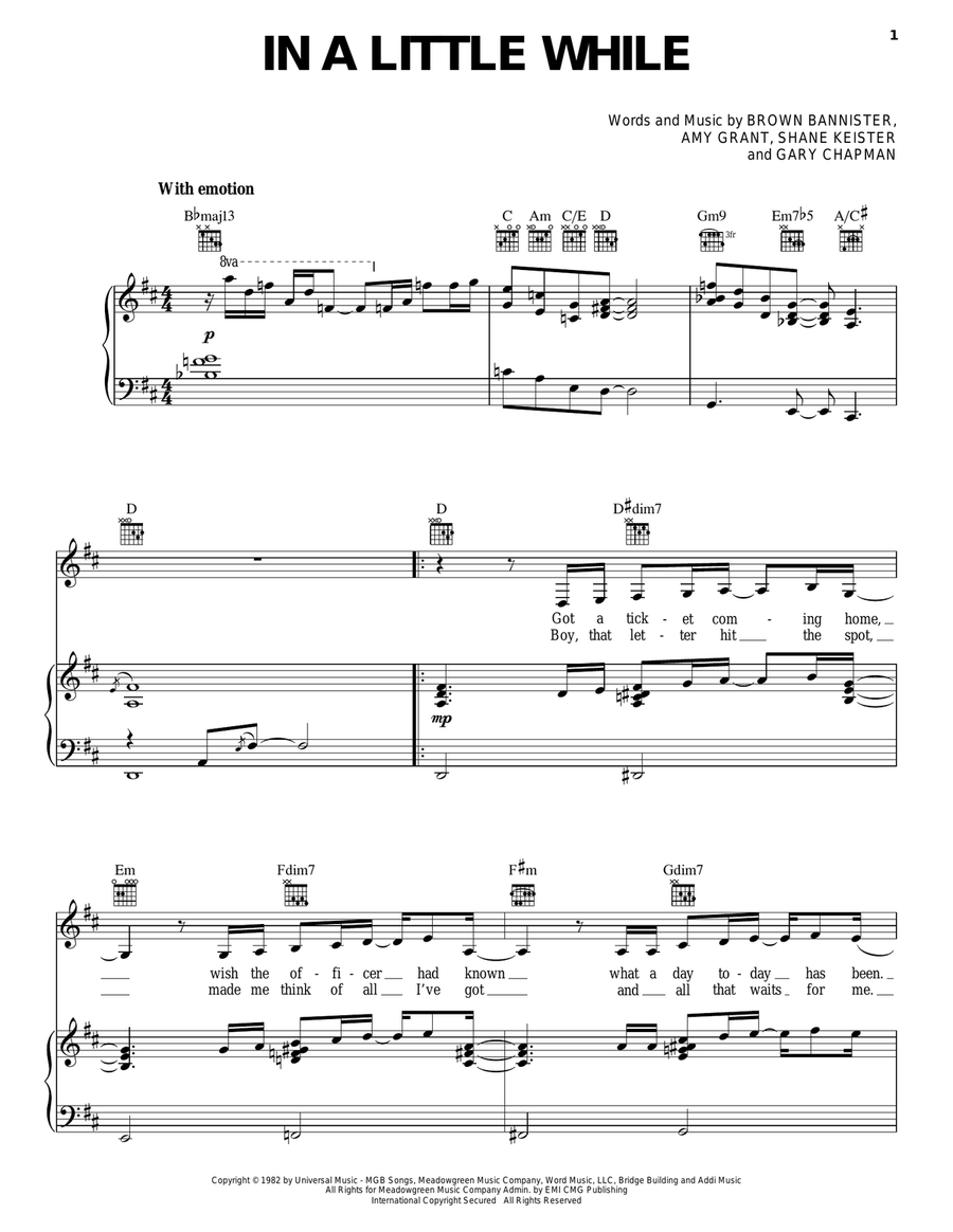 In A Little While Piano, Vocal, Guitar scores gallery preview page 1