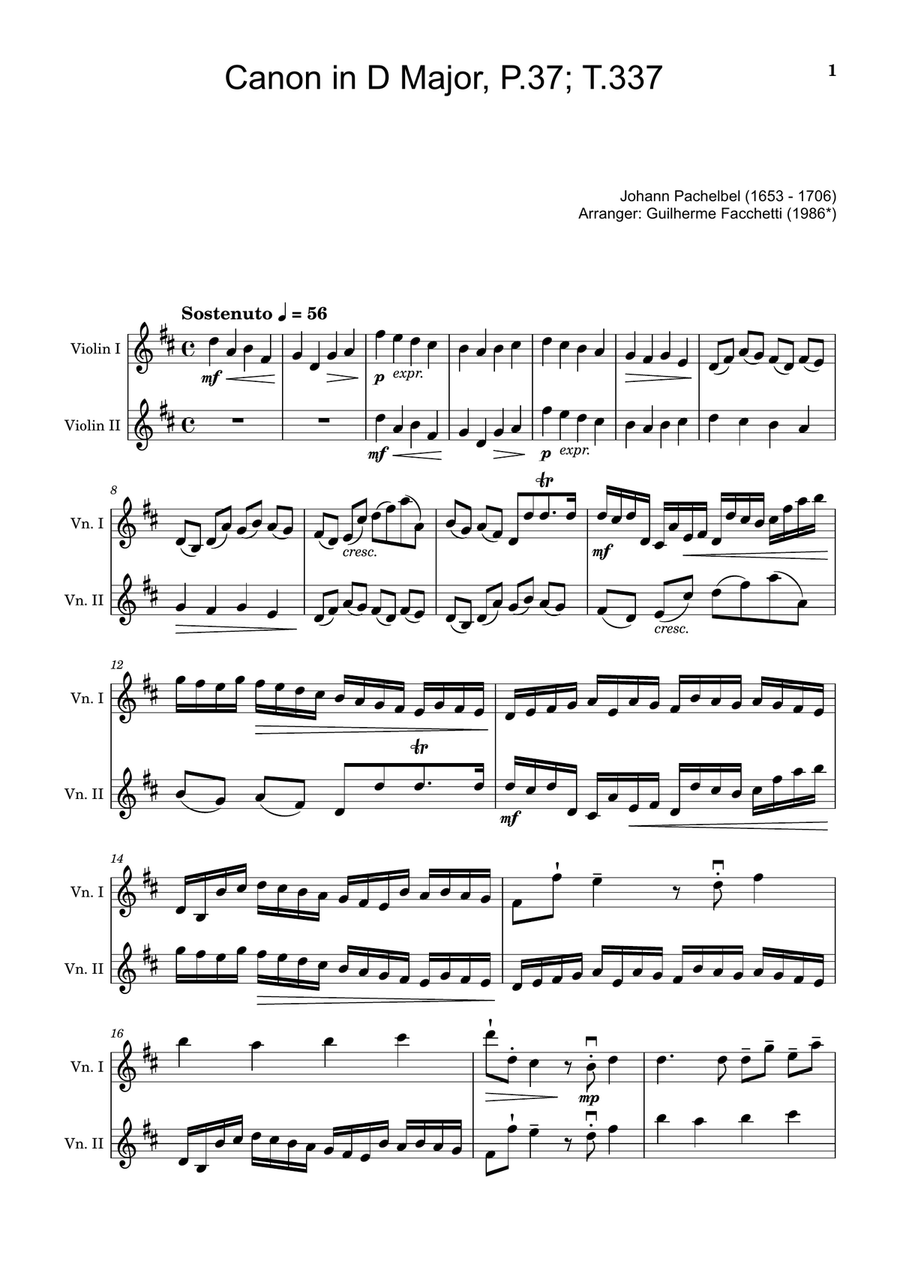 Free sheet music T. 337 Pachelbel Johann Canon and Gigue in D title Free sheet music T. 337 Pachelbel Johann Canon and Gigue in D