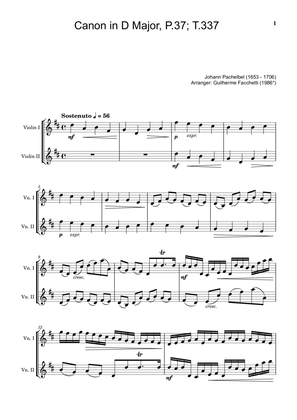 Book cover for Johann Pachelbel - Canon in D Major, P.37; T.337. Arrangement for Violin Duet. Score and Parts.