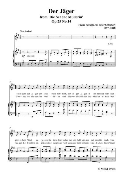Schubert-Der Jäger,from 'Die Schöne Müllerin',Op.25 No.14,in e minor,for Voice&Pno image number null