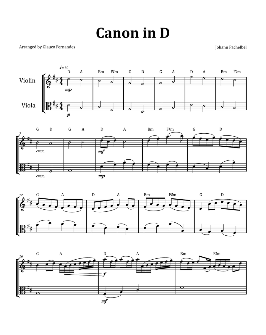 Canon by Pachelbel - Violin and Viola Duet with Chord Notation String Duet scores gallery preview page 1