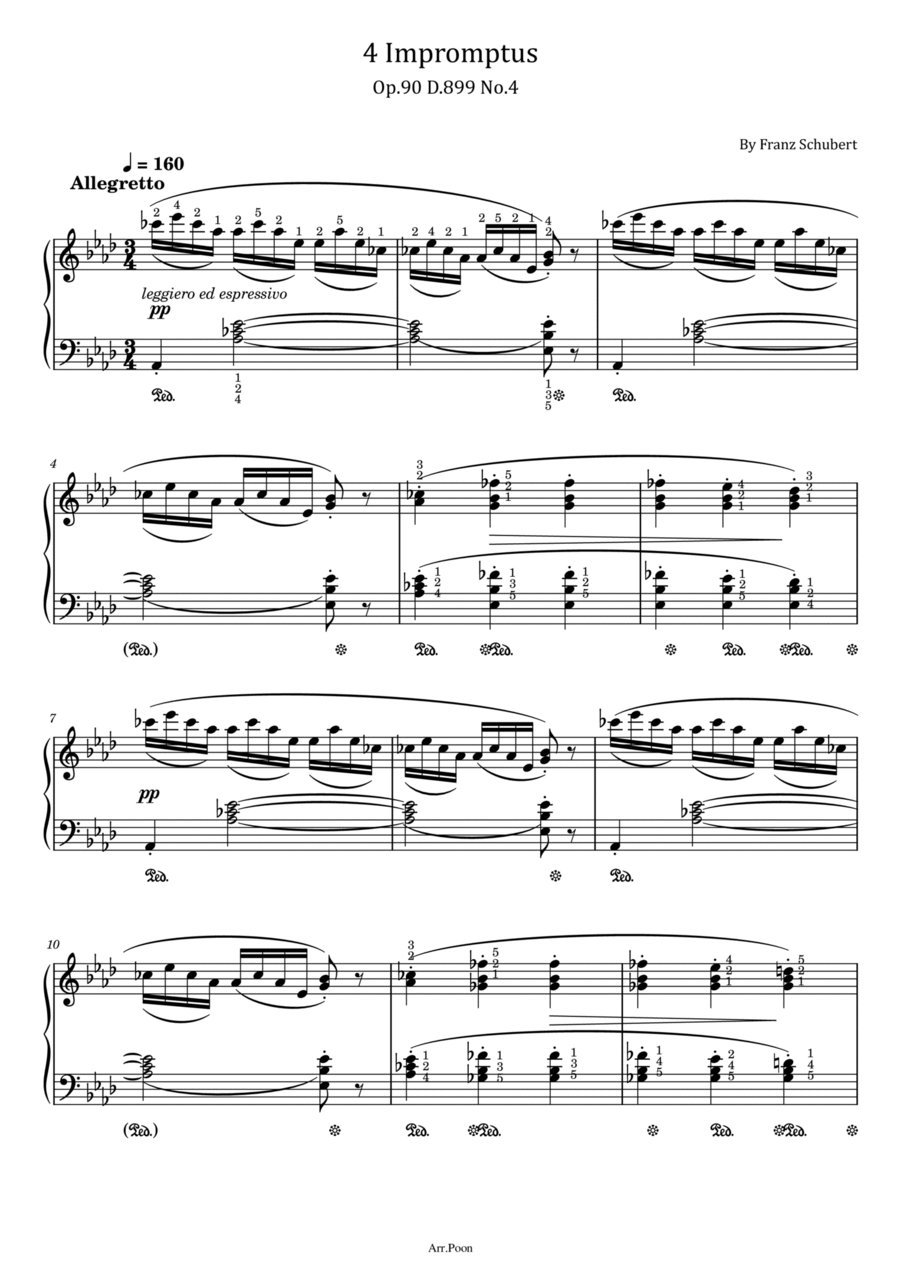 Schubert - 4 Impromptus in A♭ Major - Op.90 D.899 No.4 - Original With Fingered Piano Solo scores gallery preview page 1