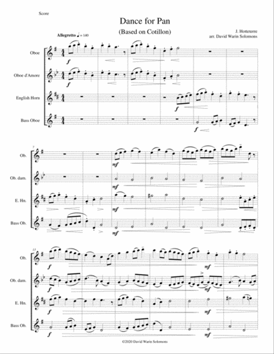 Dance for Pan (based on Cotillon) for oboe consort (oboe, oboe d'amore, cor anglais and bass oboe) English Horn scores gallery preview page 1
