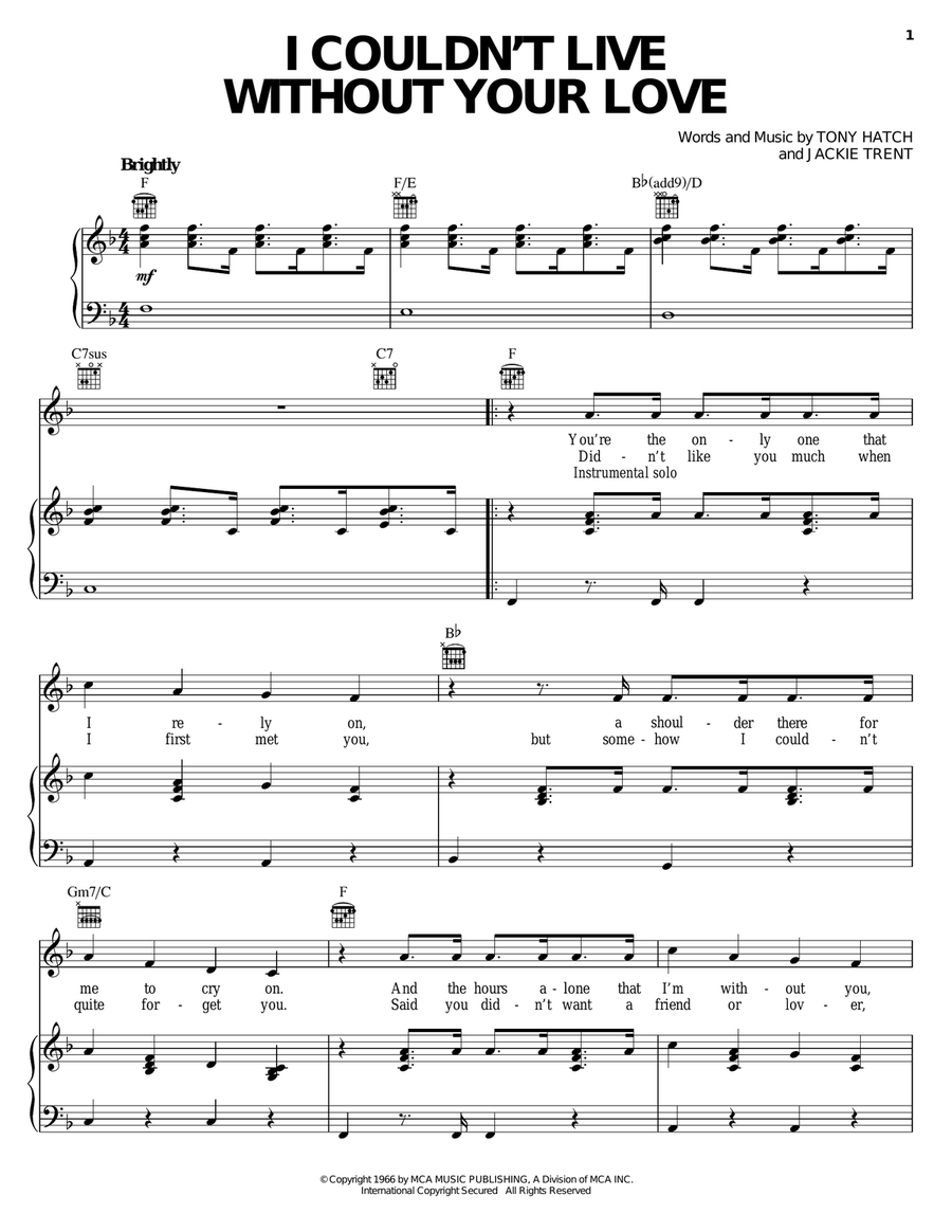 I Couldn't Live Without Your Love Piano, Vocal, Guitar scores gallery preview page 1