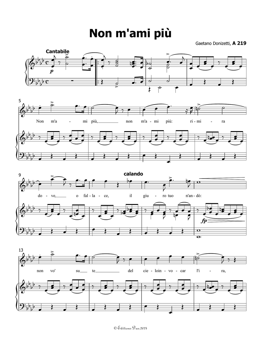 Non m'ami più, by Donizetti, in A flat Major Piano, Vocal scores gallery preview page 3
