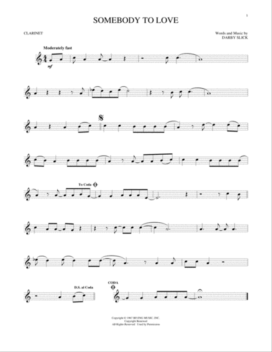 Somebody To Love Clarinet Solo scores gallery preview page 1