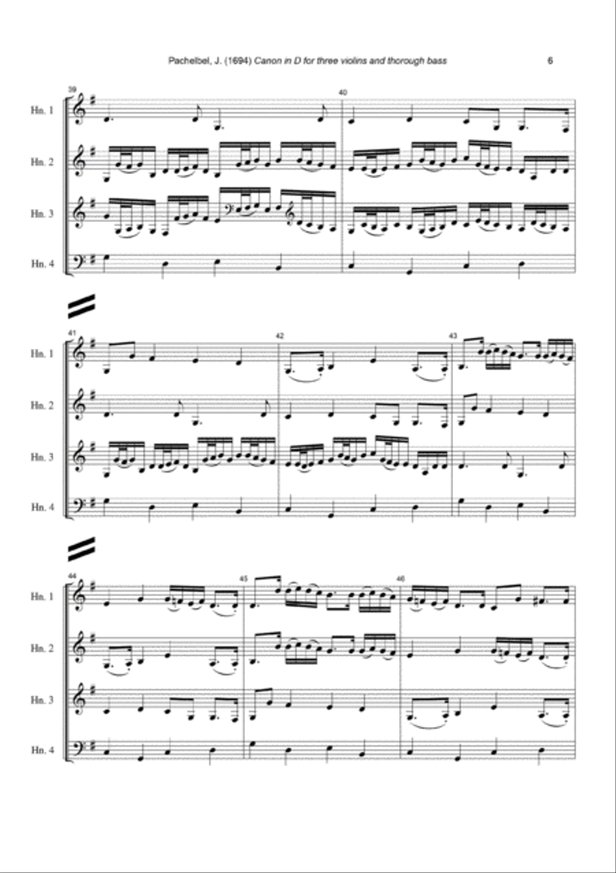 J. Pachelbel - Canon in D-dur, arr. for Horn Quartet (or 3 Horns & Bass Instrument) Brass Ensemble scores gallery preview page 6