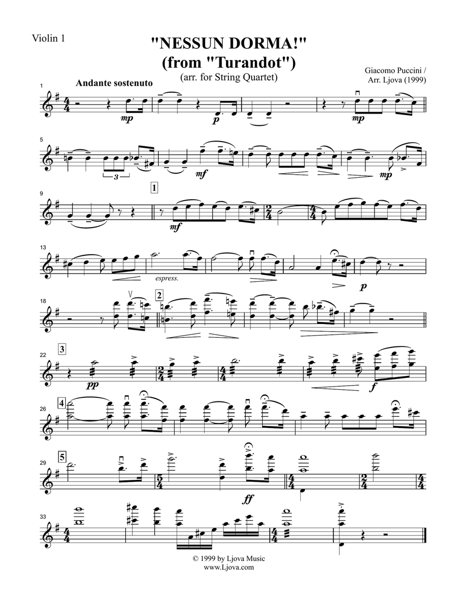 Nessun Dorma for string quartet (score and parts)