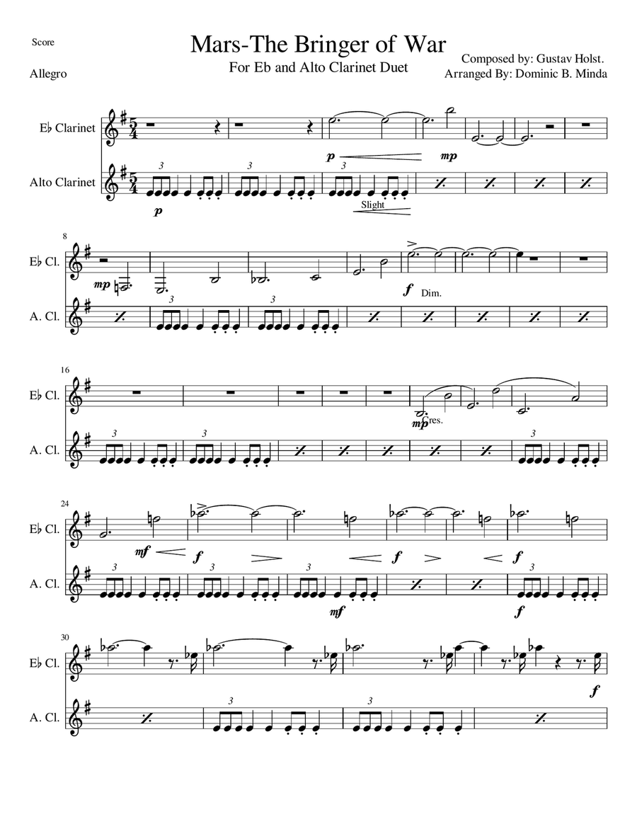 Mars-The Bringer of war, For Eb and Alto Clarinet. Clarinet Solo scores gallery preview page 1