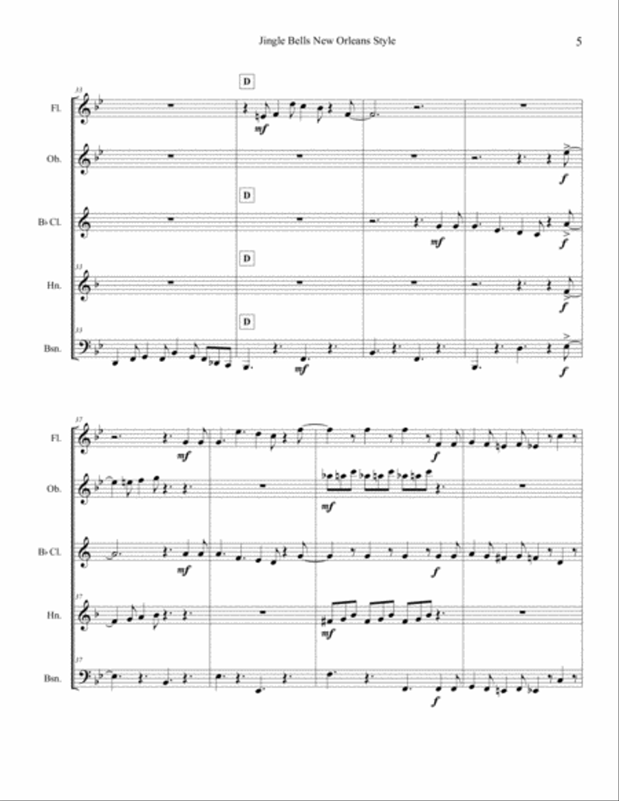 Jingle Bells New Orleans Style (Woodwind Quintet) Woodwind Quintet scores gallery preview page 5