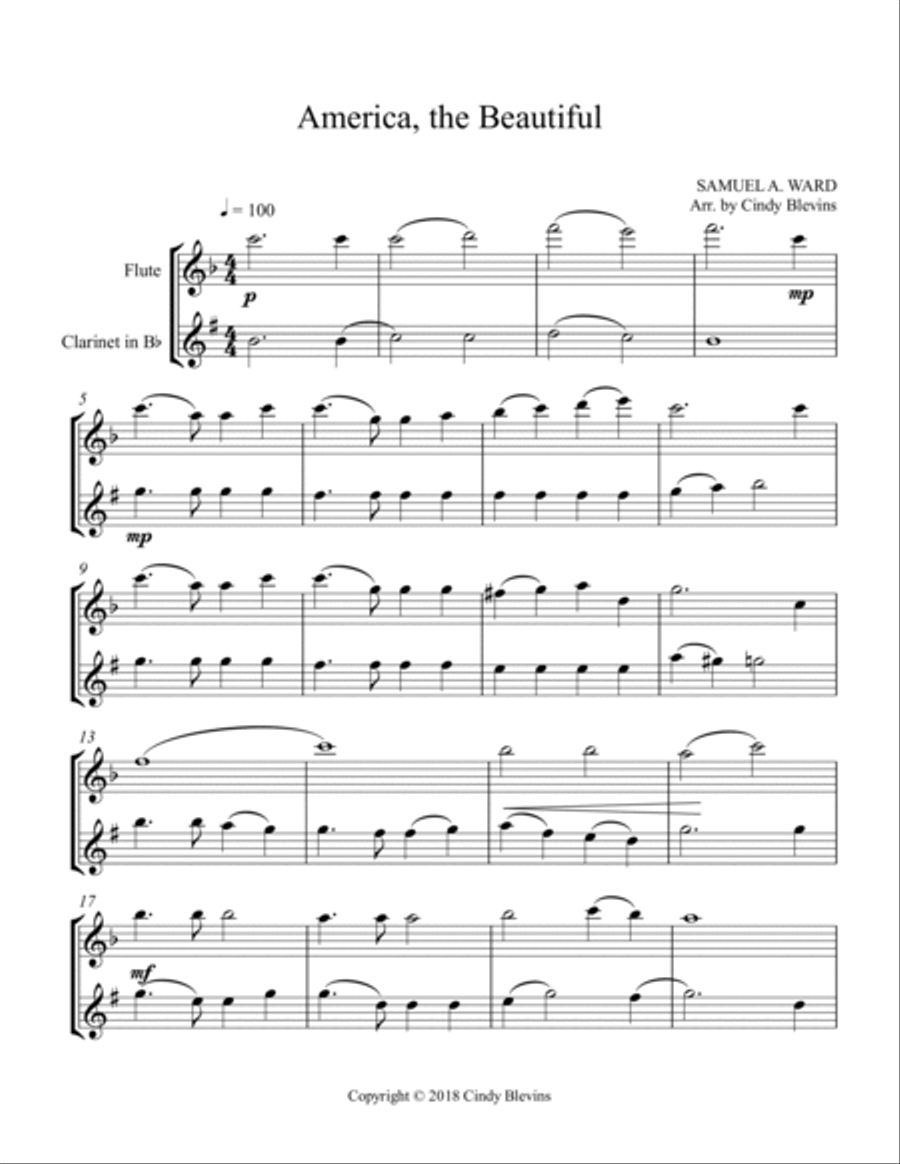 America, the Beautiful, for Flute and Clarinet Woodwind Duet scores gallery preview page 2
