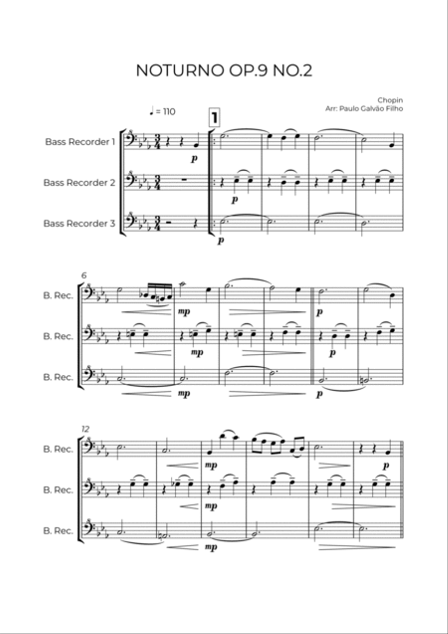 NOTURNO OP.9 NO.2 - CHOPIN – BASS RECORDER TRIO Woodwind Ensemble scores gallery preview page 2
