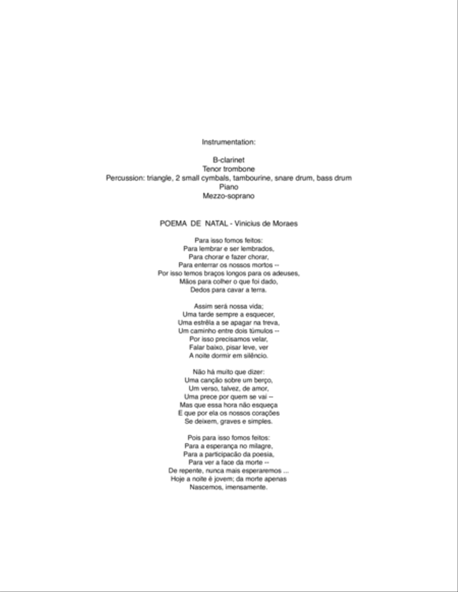 Poema de Natal (1996) for mezzo-soprano, clarinet, trombone, piano and percussion Small Ensemble scores gallery preview page 2