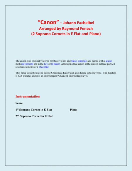 Canon - Johann Pachebel - 2 Soprano Cornets and Piano - Intermediate/Advanced Intermediate level image number null