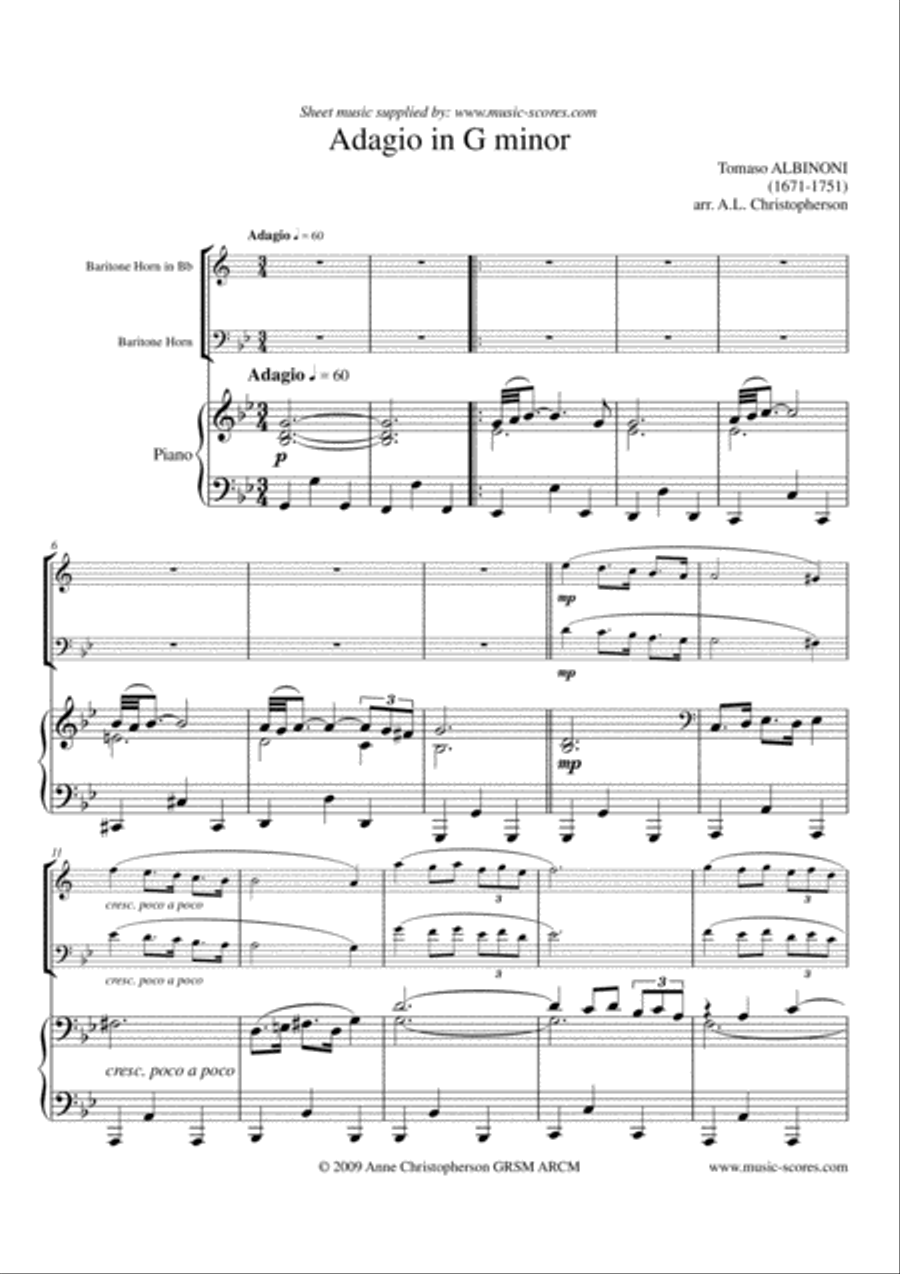 Albinoni Adagio - Baritone Horn Hi and Piano Baritone Horn TC scores gallery preview page 1