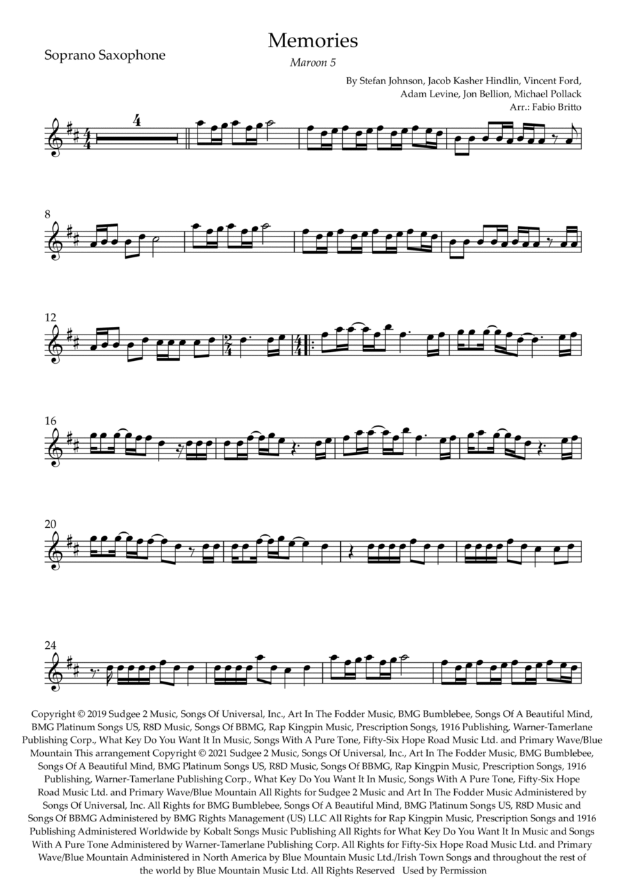Memories Memories Soprano Saxophone scores gallery preview page 1